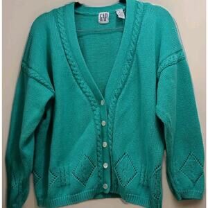 Vintage GAP Teal Cardigan M V-Neck Chunky Knit Coastal Grandma 90s Y2K Preppy